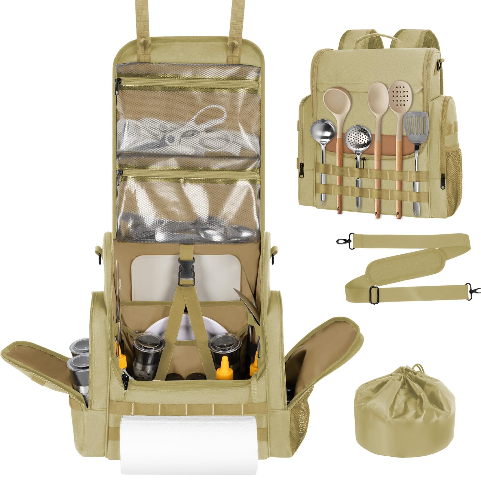 Large Camp Kitchen Organizer with Paper Towel Holder, Khaki