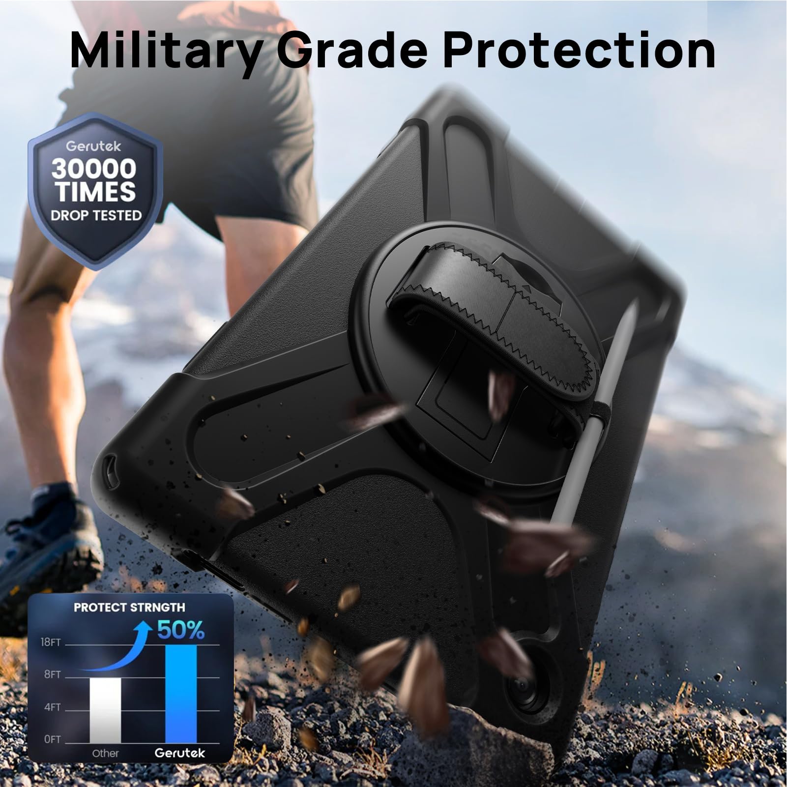 Gerutek Coque Antichoc pour Samsung Galaxy Tab A11 Plus 11" 2025, (SM-X230/X235/X236B), Étui Robuste avec Support Rotatif, Dragonne et Bandoulière, Porte-Stylo, Housse pour Galaxy Tab A11+ Plus, Noir