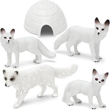 ONEST 5 Pieces Mini White Arctic Fox Figurines Playset Hand Painted Tiny Foxes Realistic Detailed Plastic Fox Figures Toys Small Foxes Figurines for Decoration