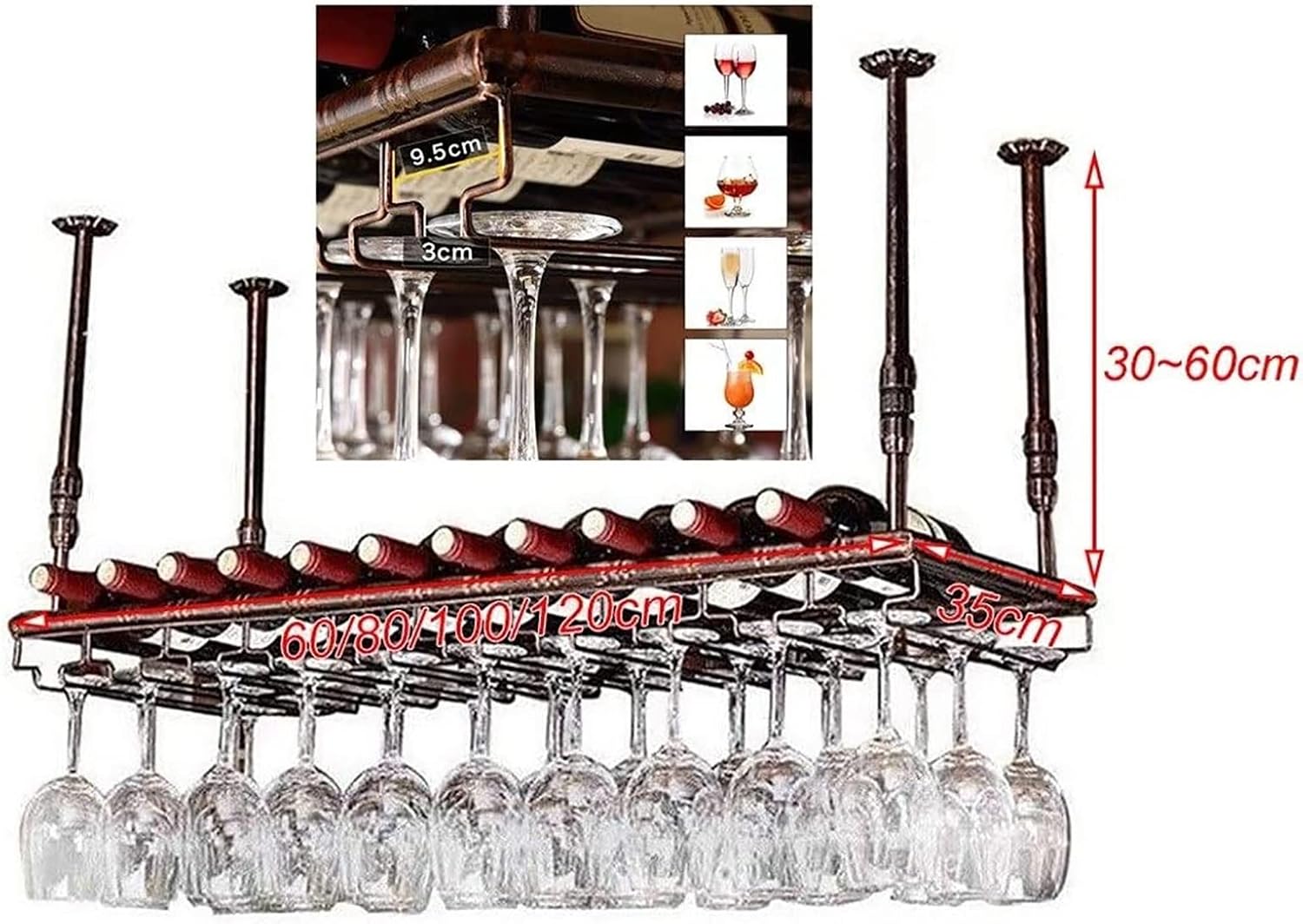 Hanging Wine Glass Holder Retro Metal Hanging Wine Glass Rack,Adjustable Height,Bar Goblet Holder,Home Kitchen Wine Glass Display Stand,Multi-Function Ceiling Hanging Wine Shelf De