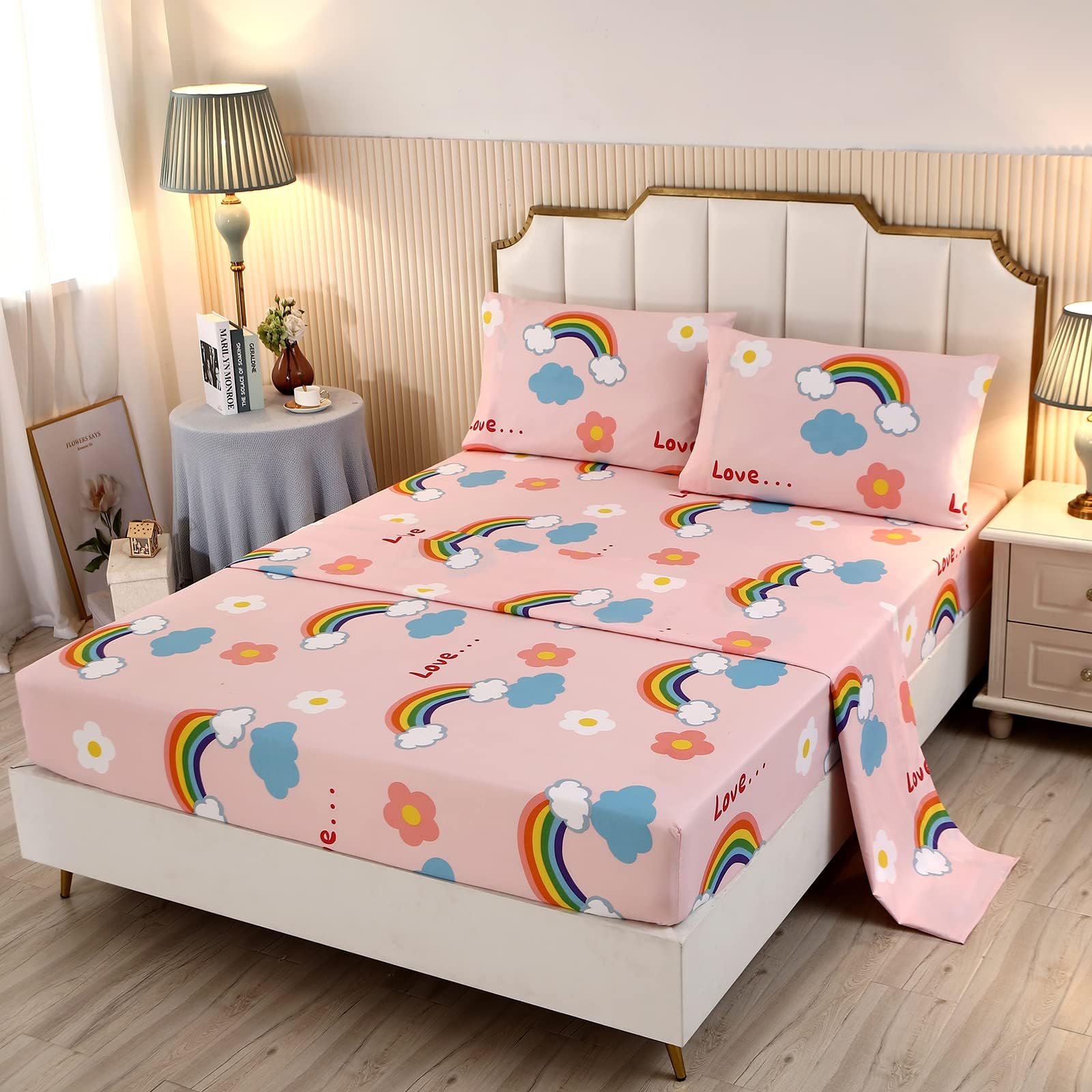 SDY 4PCS Rainbow Bedding Sheet Set,Twin Size Cute Pink Unicorn Sheets Set Included 1 Deep Pocket Fitted Sheet+1 Top Flat Sheet+2 Pillowcases for Kids Girls Toddler…