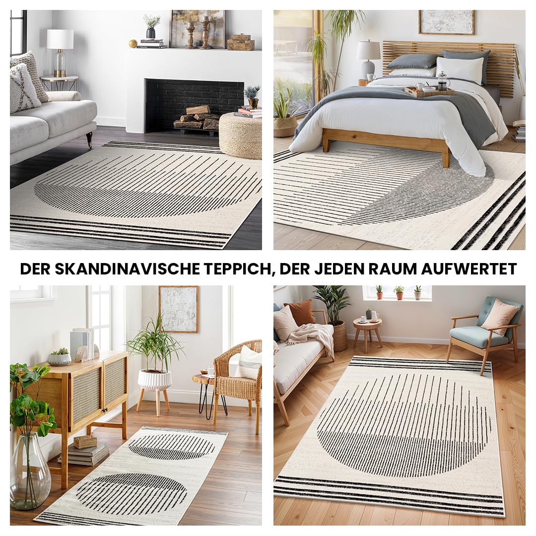 Livabliss Nairobi Teppich Wohnzimmer Boho, großer Teppich Schlafzimmer 130x170 cm - Teppiche für Esszimmer mit geometrischem Muster, Skandinavischer Wohnzimmerteppich modern in Elfenbein, Schwarz