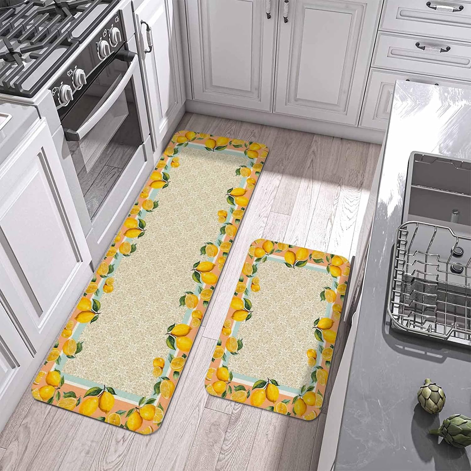 Yellow Lemon Kitchen Mat Set 2 Pieces Watercolor Fruit Farm Blue Flower Pattern Orange Background Non Slip Kitchen Rugs Washable Runner Rug Mats for Sink Laundry (23.6" x 35.4"+23.6" x 70.9")