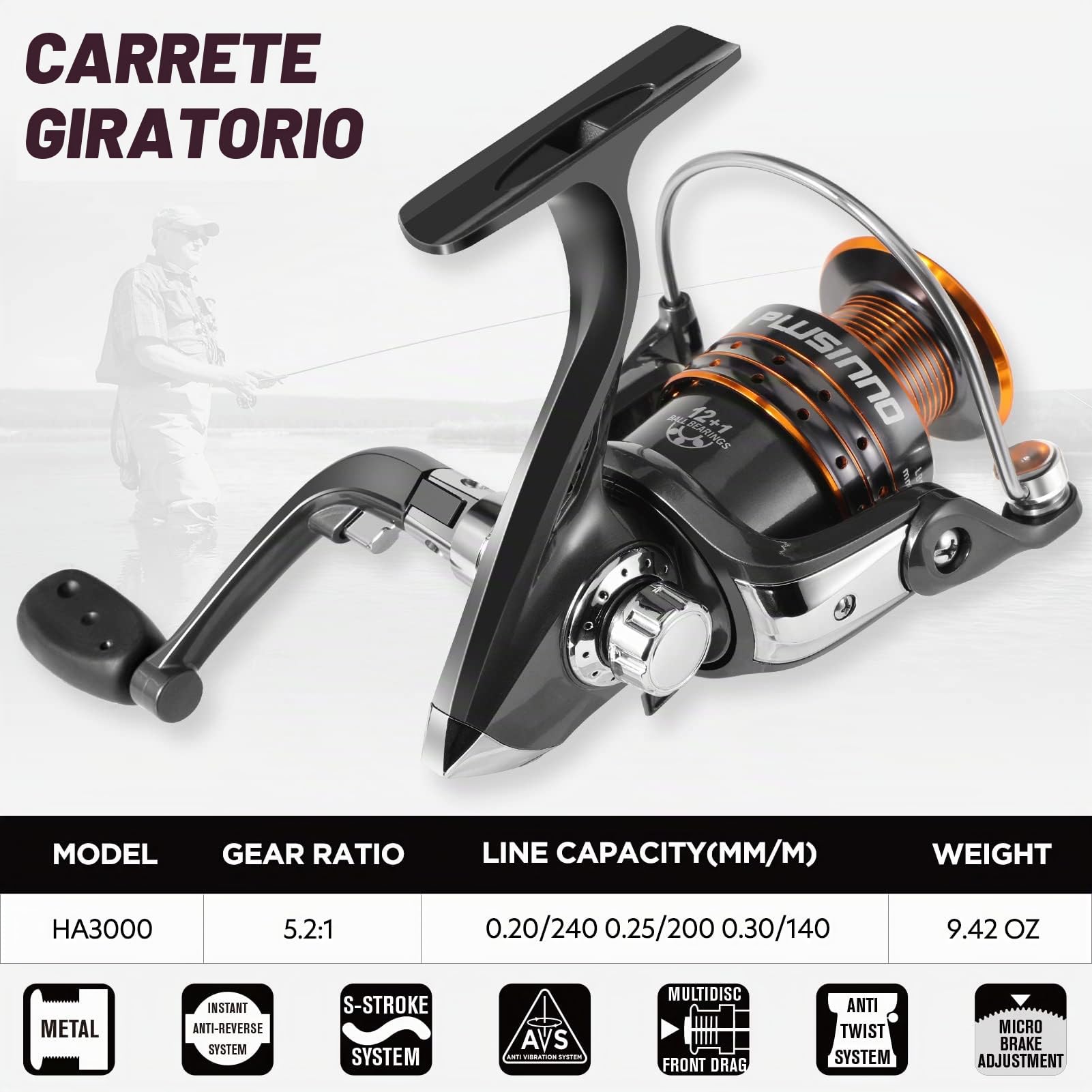 PLUSINNO - Combo de caña y Carrete de Pesca, caña telescópica de Fibra de Carbono con Carrete, Kit de caña de Pescar para mar y Agua Dulce