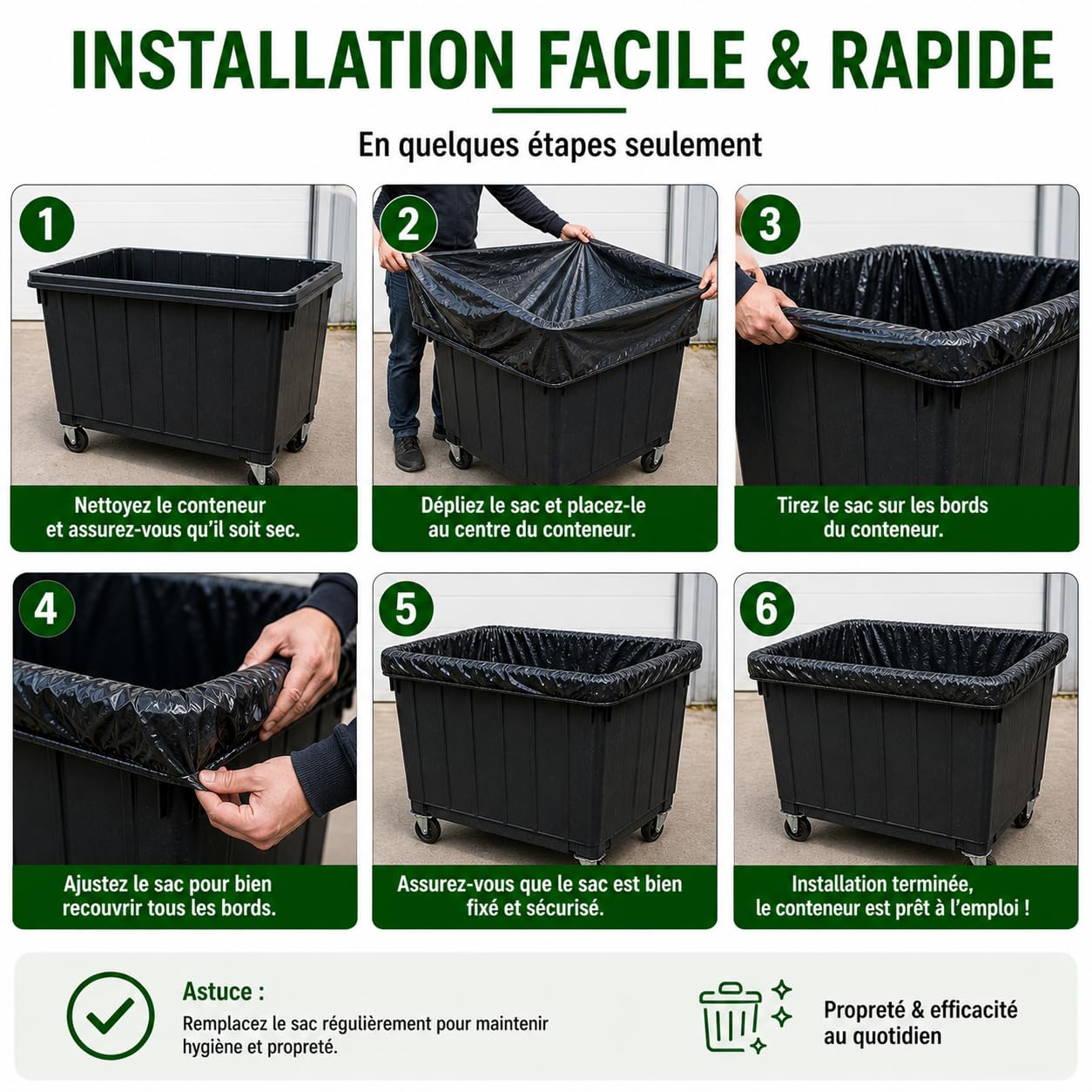 Sac Poubelle 1000-1100L X 20 | Housse Protection Conteneur 1000 Litres | Sacs Housses 1100 Litres Noir Opaque | Tous Types Déchets et Ordures | Epaisseur 30µ | Anti Fuites et Anti Salissures