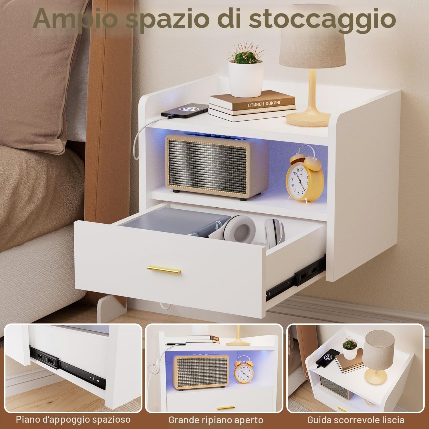 Set di 2 Comodino Sospeso Comodino da Parete con Presa e Striscia Luminosa RGB Comodini con 1 Cassetto e 1 Scomparto per Camera da Letto, Soggiorno, Bianco