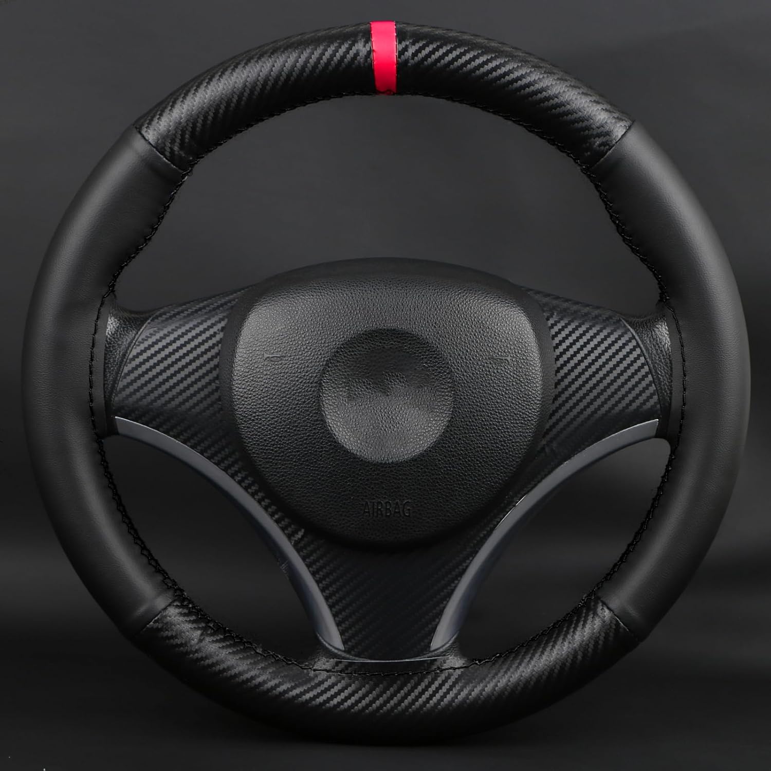 Microfiber Leather Steering Wheel Wrap, Sew On Steering Wheel Cover Featuring Carbon Fiber Texture and Marker, Anti-Slip, Universal 14.5-15 Inch, Perfect for Men and Women,Black