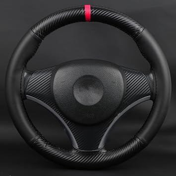 Microfiber Leather Steering Wheel Wrap, Sew On Steering Wheel Cover Featuring Carbon Fiber Texture and Marker, Anti-Slip, Universal 14.5-15 Inch, Perfect for Men and Women,Black