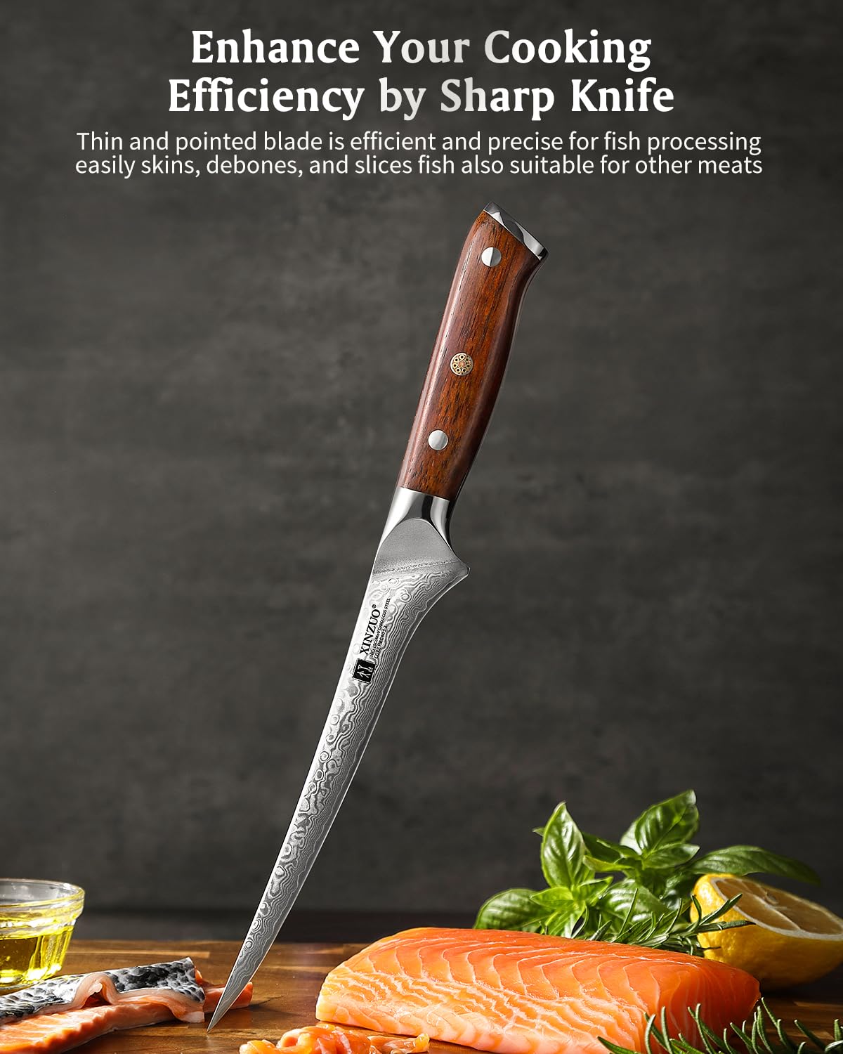 XINZUO Acier Damas 18cm Couteau à Filet, 67 Couche Damas Acier de Couteau à Désosser pour Désosser le Poisson et la Viande, Couteaux à Fileter Chef Professionnel -Poignée Bois de Rose