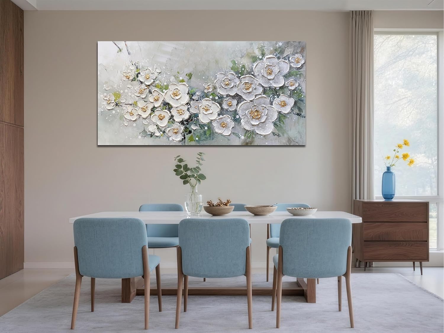 Brushart Large White Flower Wall Art Textured Floral Canvas Wall Art Decor Pictures Paintings Artwork for Living Room Dining Room Bedroom Home Office, 48"x24"