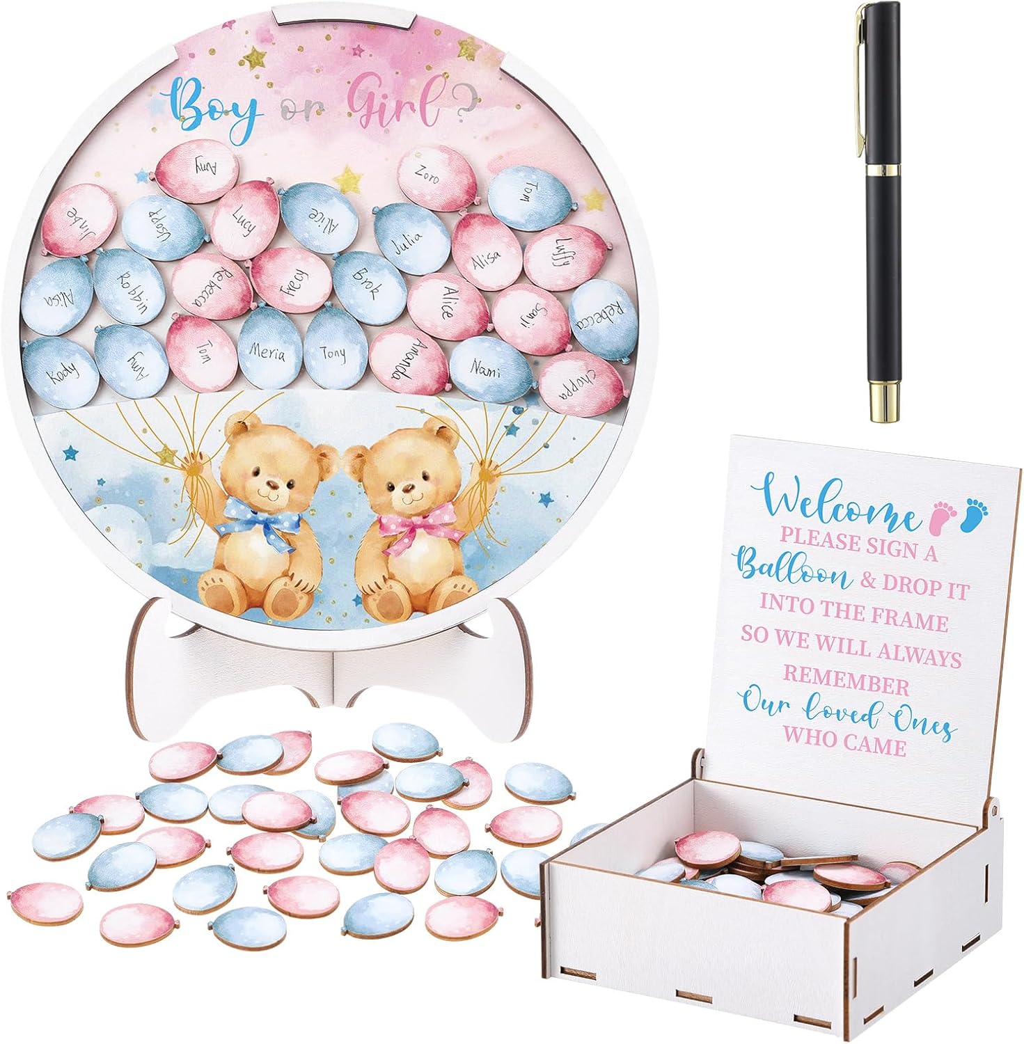 AceOrbit 63 Pcs Gender Reveal Guest Book Boy or Girl Guest Voting Book Alternatives Set Gender Reveal Decorations Gifts Ideas with 60 Wood Slices for Baby Shower Voting Games Party Supplies(Tree)