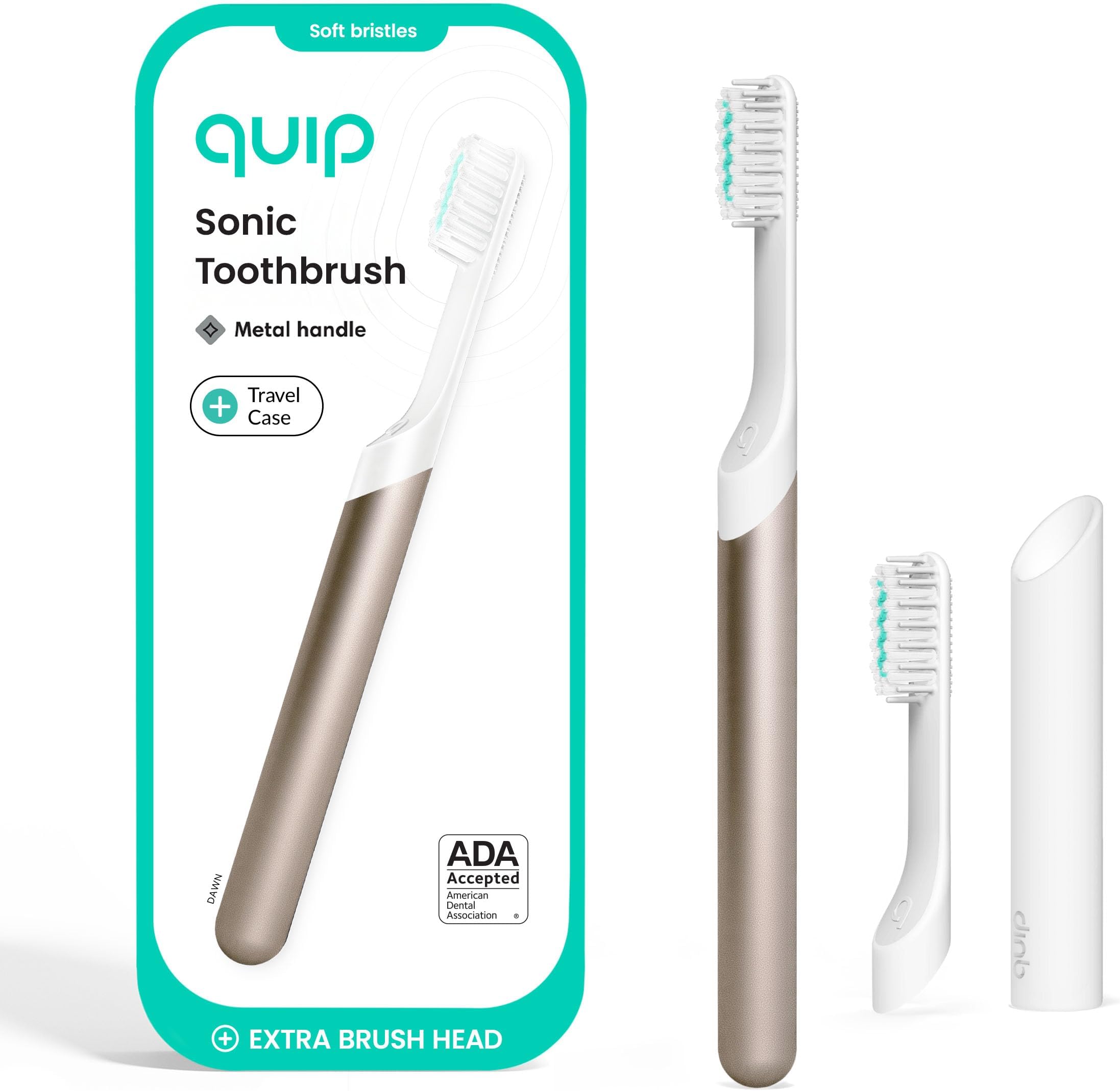 Quip Metal Sonic Electric Toothbrush for Adults - Time Travel & Soft Bristles with Travel Case & Replacement Brush Head - 3 Month Battery Life, Dawn Peach Gold