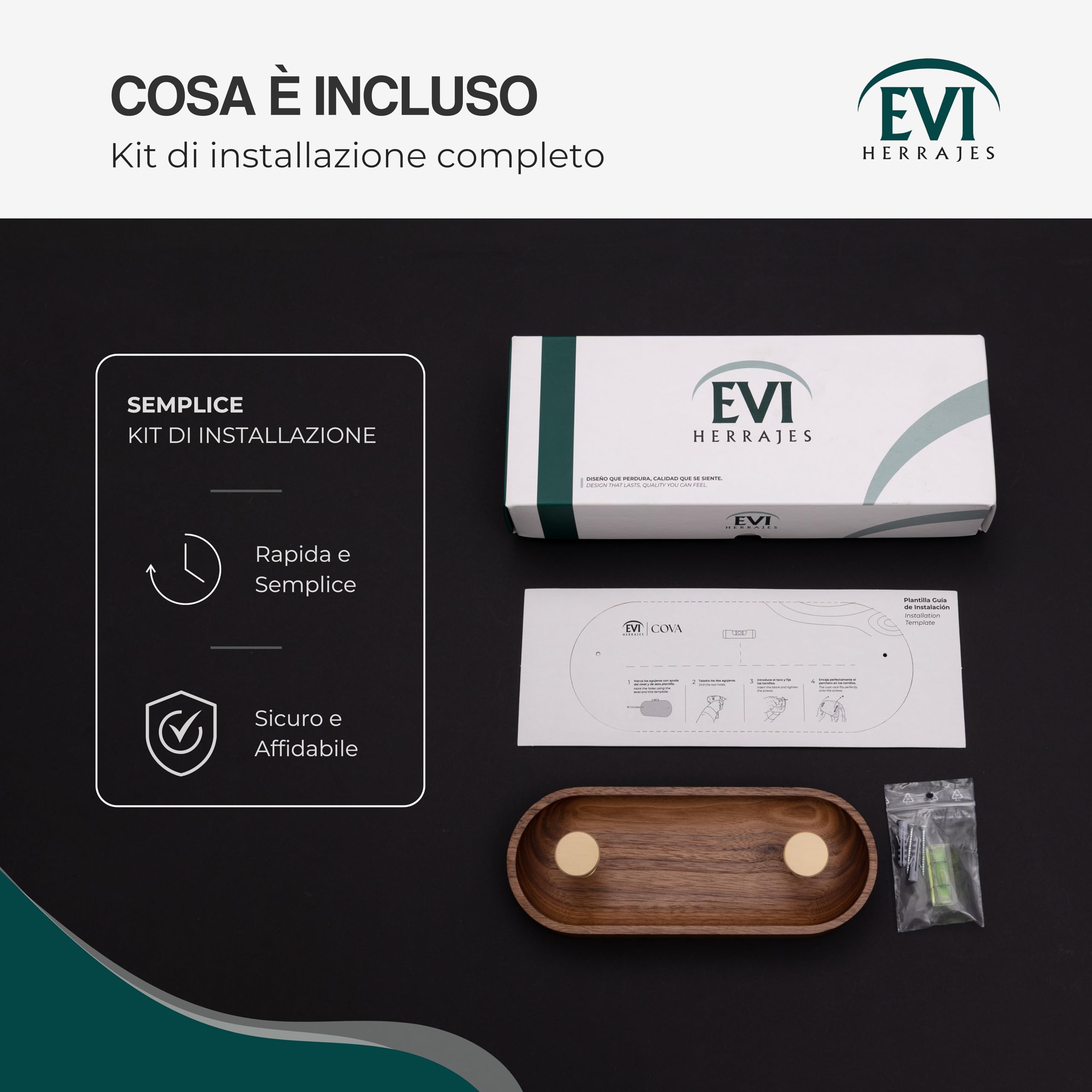 EVI Herrajes | Appendiabiti da parete | 2 ganci | Legno massello di noce | Ganci in ottone satinato | Kit di montaggio incluso | Mod. Cova 2CNOLMT