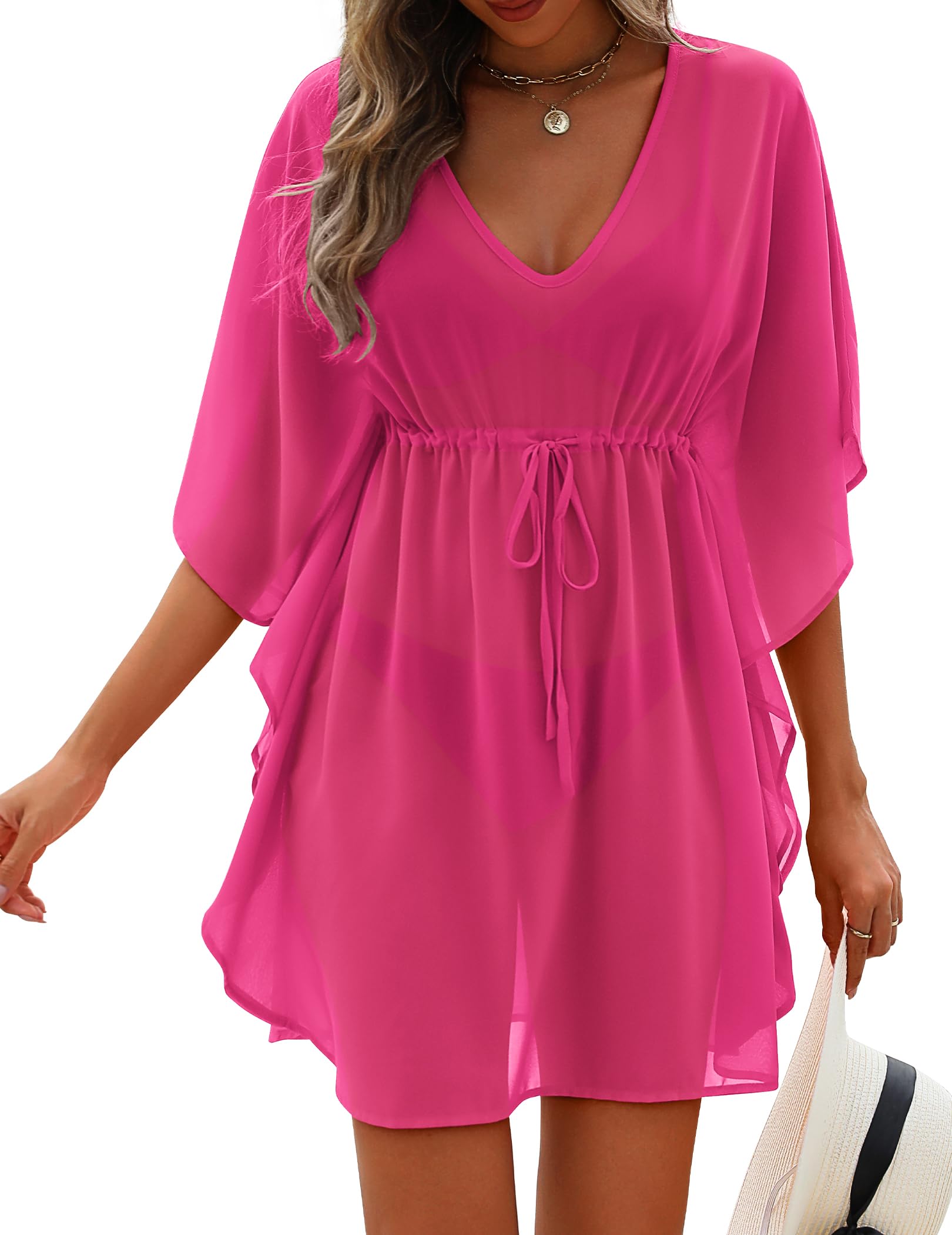 AI'MAGE Traje de baño de playa para mujer, sexy, transparente, vestido de baño para cubrir el traje de baño con lazo en la cintura, ropa de playa de gasa
