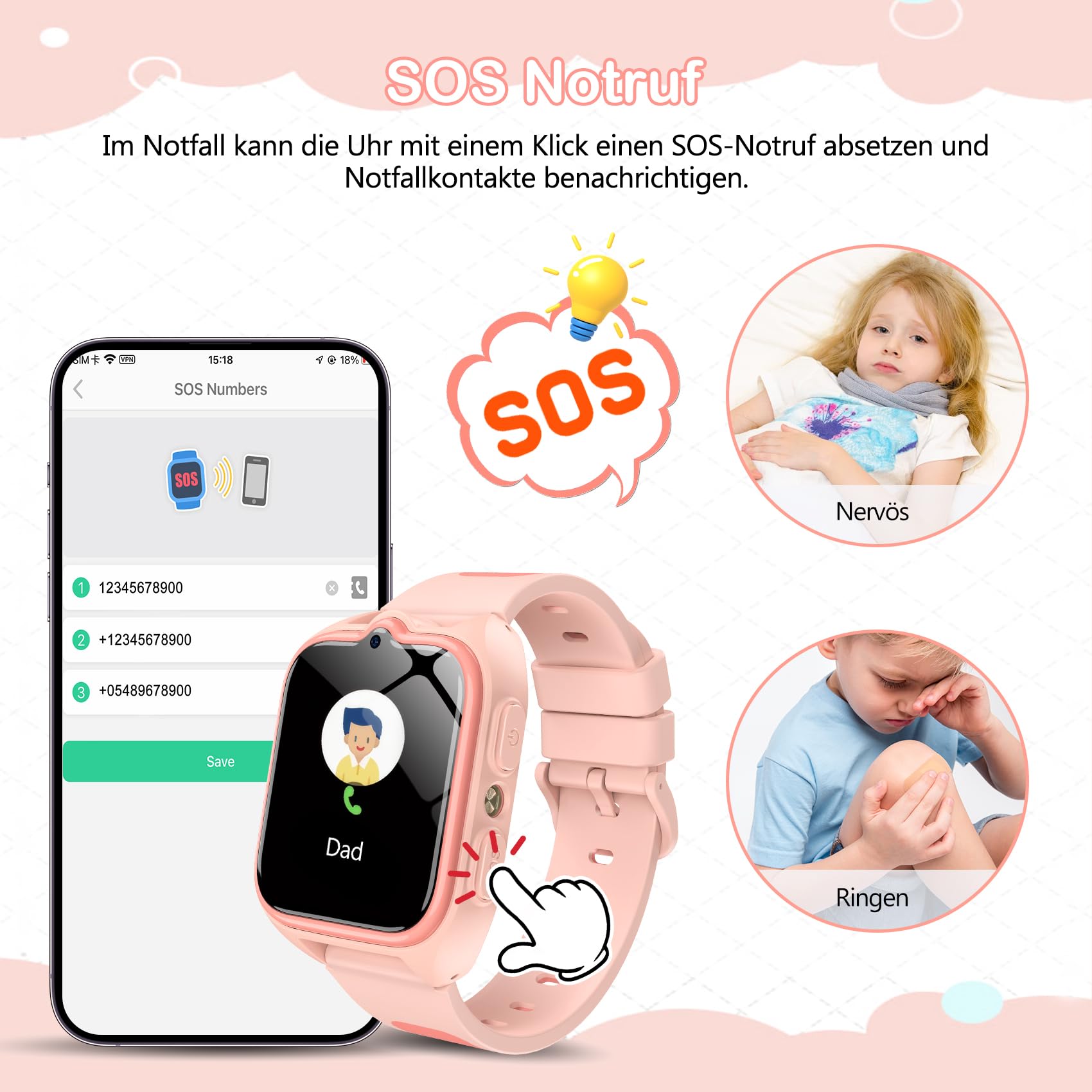 IOWODO Smartwatch Kinder Mädchen, GPS-Tracking, 4G-Telefonie, Schulmodus