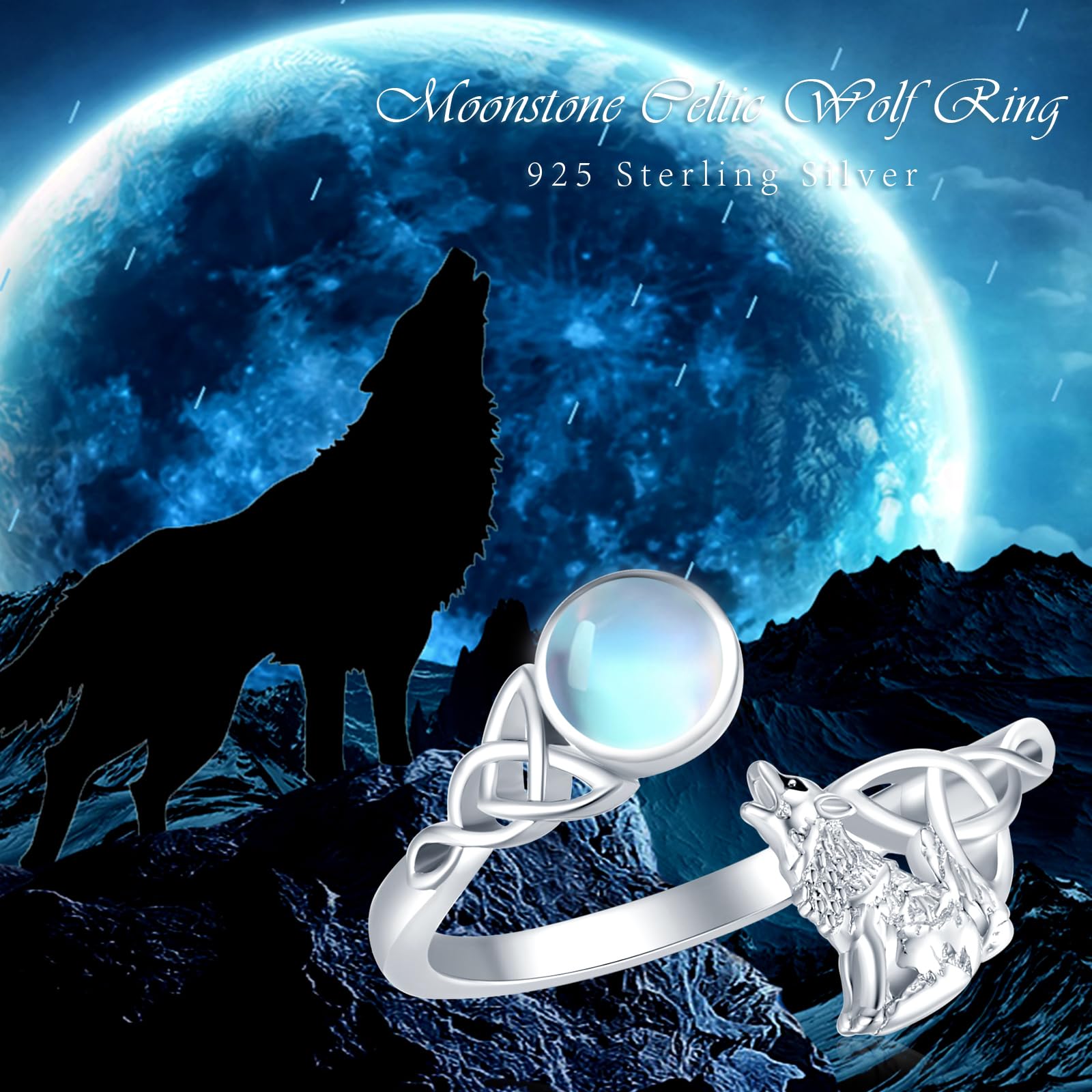 Wolfs 925 Sterling Silber Celtic Knot Mondstein Ring - Verstellbar, Tier-Design - Geschenk für Valentinstag, Schmuck für Damen