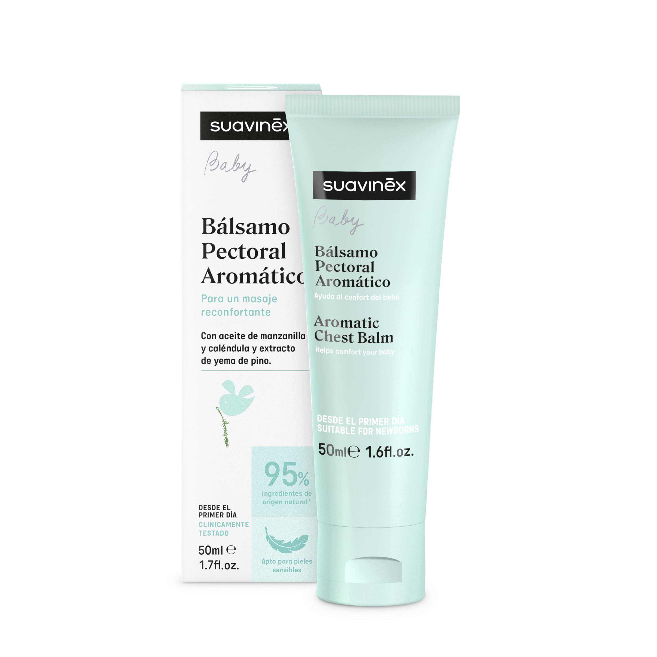 Suavinex, Bálsamo Pectoral para Bebés y Niños, Apto Recién Nacidos, Apto Pieles Sensibles, con Aceite de Manzanilla, Caléndula y Pino, Calma y Ayuda a Respirar, 95% Ingredientes Origen Natural, 50 ml