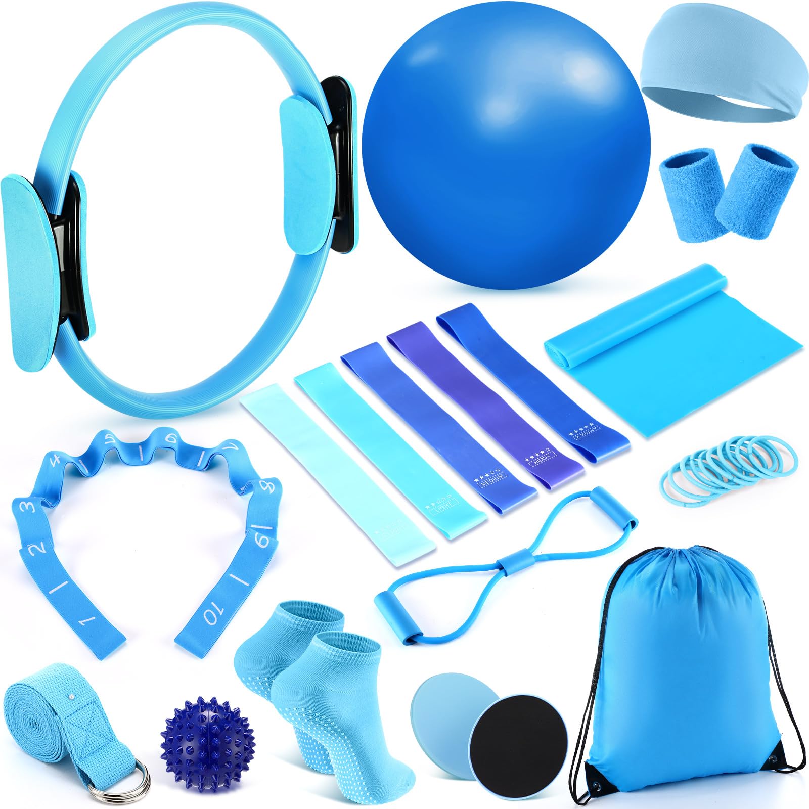 Poen 18 Pcs Pilates Ring Kit Home Pilates Ring Circle and Ball Set for Women Yoga Fitness Set with 5 Resistance Band Stretching Strap Non Slip Sock Ball Core Slider Wristband Headband Gym Bag Blue