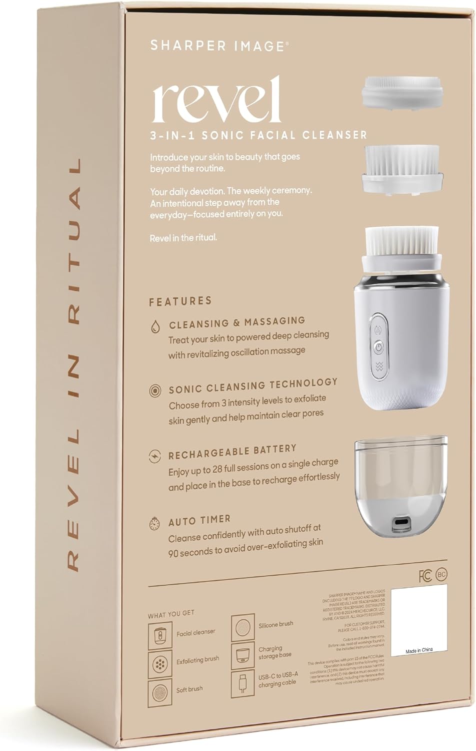 Sharper Image Revel 3-in-1 Sonic Facial Cleanser - 15,000 VPM Glow-Boosting Face Brush, Oscillating & Spin Modes, 3 Brush Heads, 3 Speeds, 90-Second Smart Timer, Wireless Charging, Water-Resistant