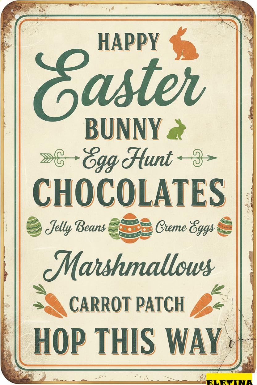 Happy Easter Bunny Tin Sign, 8x12 Inch Decor