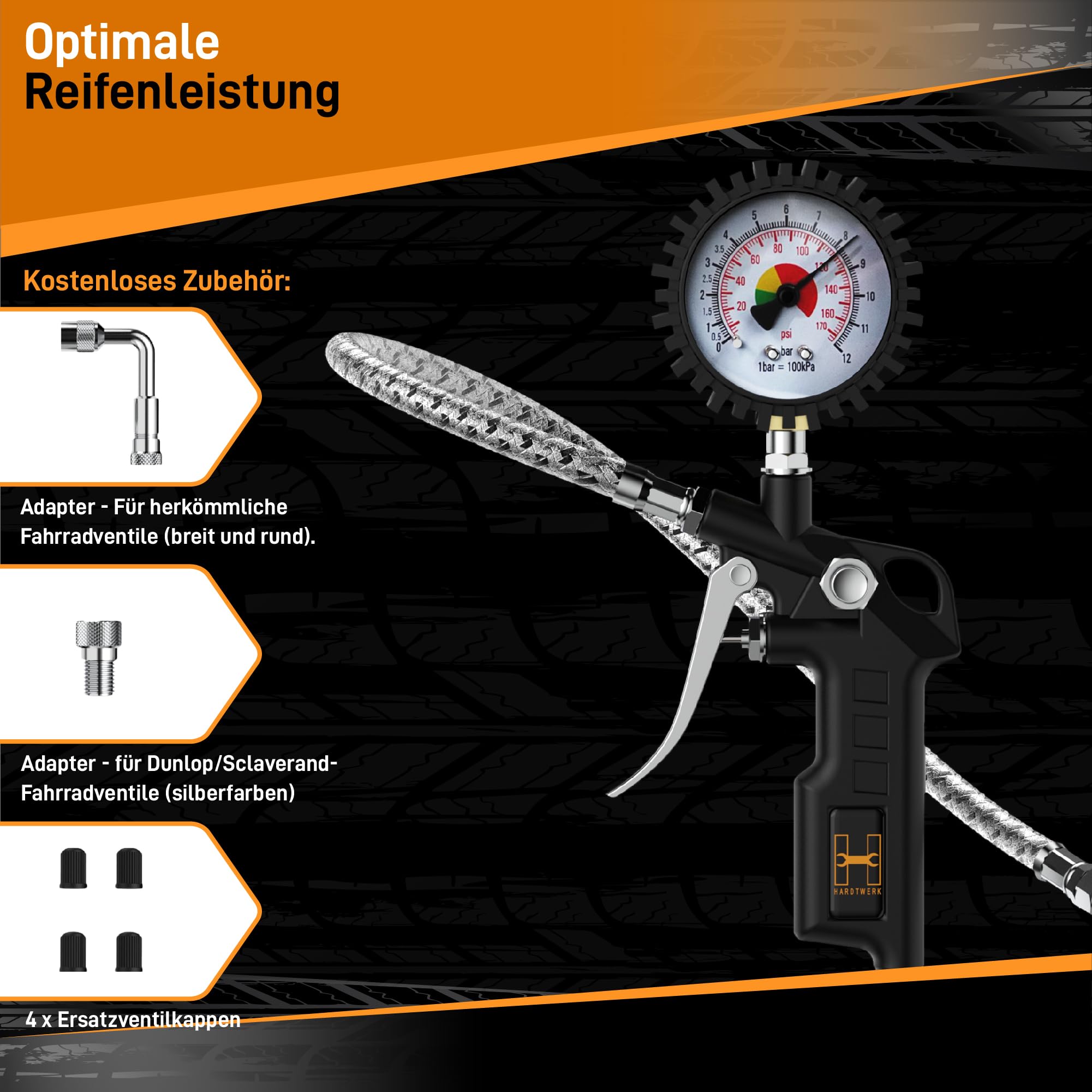 Hardtwerk Bandenspanningsmeter | Meetbereik manometer: 170PSI 12 bar | 304 roestvrijstalen buis | manometer voor auto's, motorfietsen, auto's en vrachtwagens