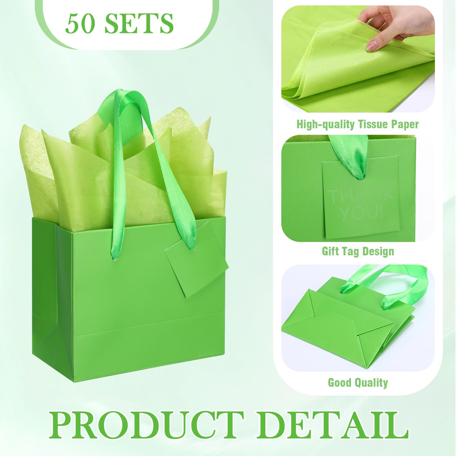 Qilery Mini-Geschenktüten aus Papier, Großpackung mit Seidenpapier, kleine Geschenktüten mit Griff und Etiketten, für Geburtstag, Hochzeit, Erntedankfest, Weihnachten, Party, Geschäft (Grasgrün, 11,9