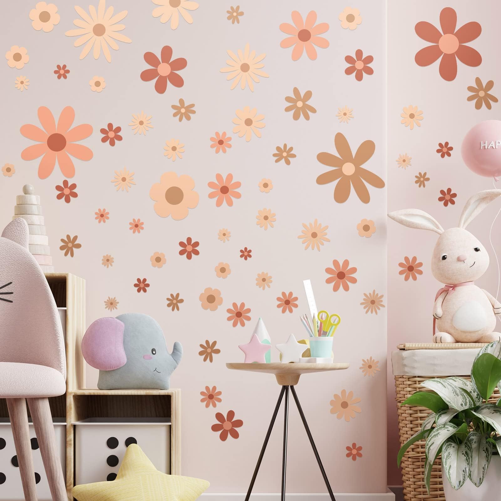 Kisston 90 Pcs Daisy Wall Decal Alphabet Vinyl Wall Decals Boho Decal Daisy Stickers Boho Groovy Floral Stickers for Nursery Art Bedroom Classroom(Classic)