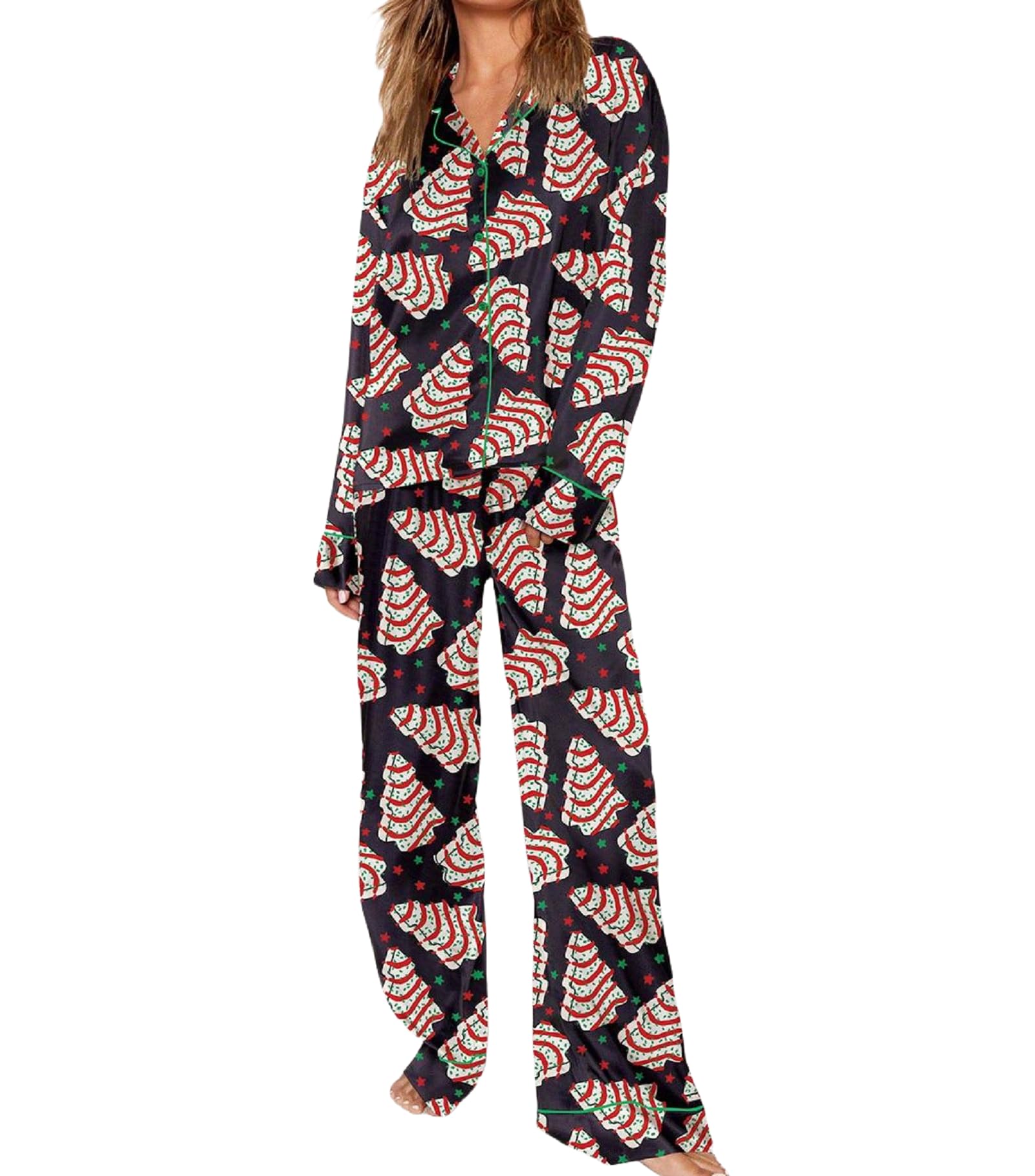 FaretumiyaWomen Silk Satin Christmas Pajamas Xmas Long Sleeve Sleepwear Holiday Print Two Piece Pjs Pants Set