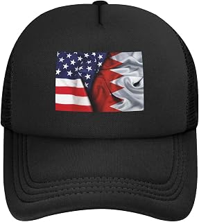 America and Bahrain Silk Flag Baseball Cap Snapback Mesh Truck Driver Cap for Men Women Adjustable Spring Buckle Mesh Hat Breathable Sun Hat Black
