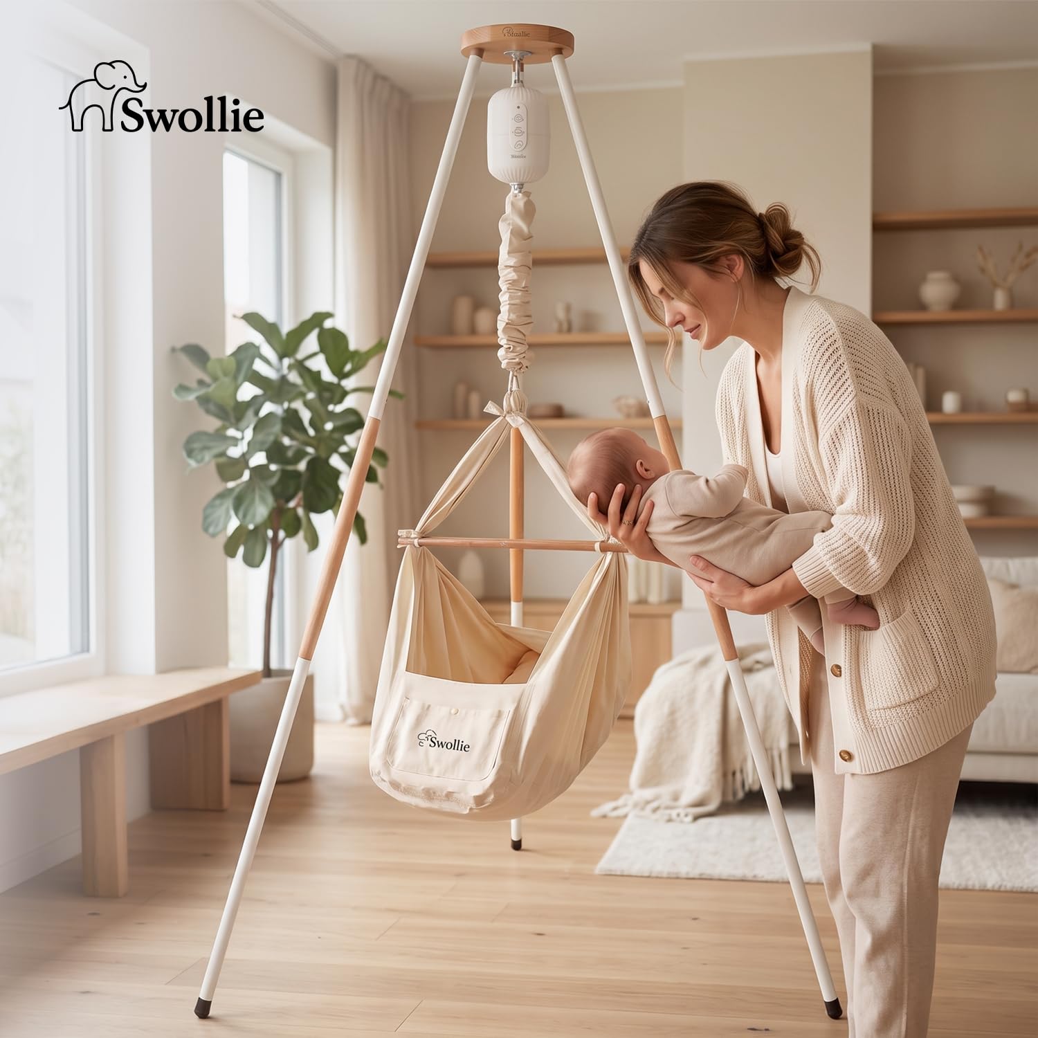 Premium Baby Federwiege mit Motor und Tipi - Federwiegen-Komplettset - Bio-Baumwolle und Matratze aus Schafwolle - ab Geburt bis 15 Kg - Babywiege