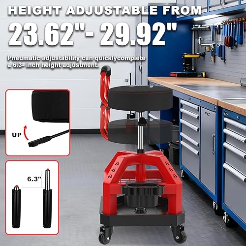 Miniatura 4 de Taburete de Taller Rodante con Ruedas, Taburete de Mecánico de Trabajo de Garaje Resistente con Respaldo, Altura Ajustable Silla Giratoria de 360
