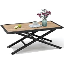 Patio Coffee Table Height Adjustable - Outdoor Coffee Side Table with Waterproof, Rust-Proof, Patio Table Rectangle Coffee Table with Wood Grain Table Top, Light Weight