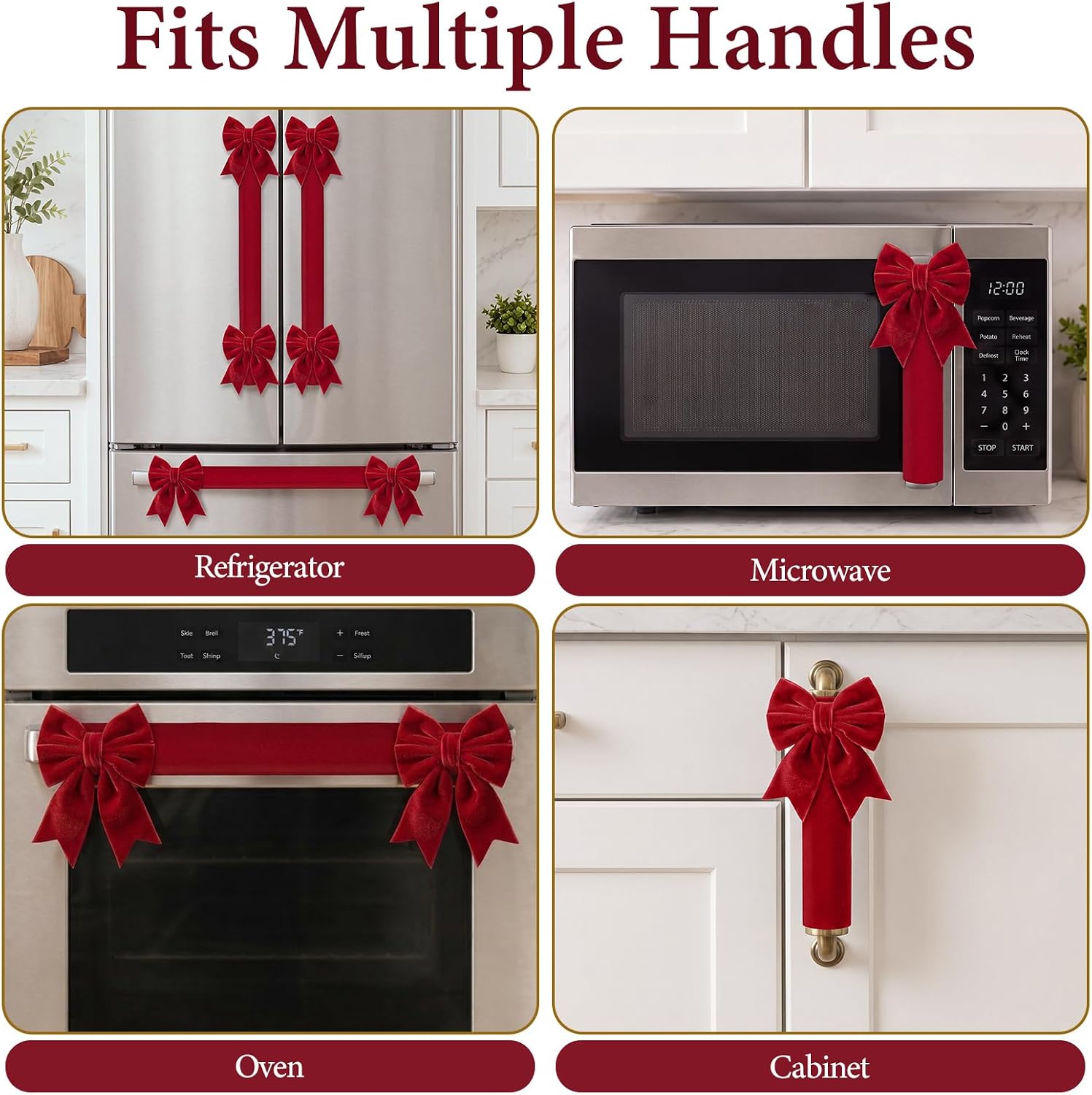 6 Pack Christmas Refrigerator Door Handle Covers,Burgundy Bow
