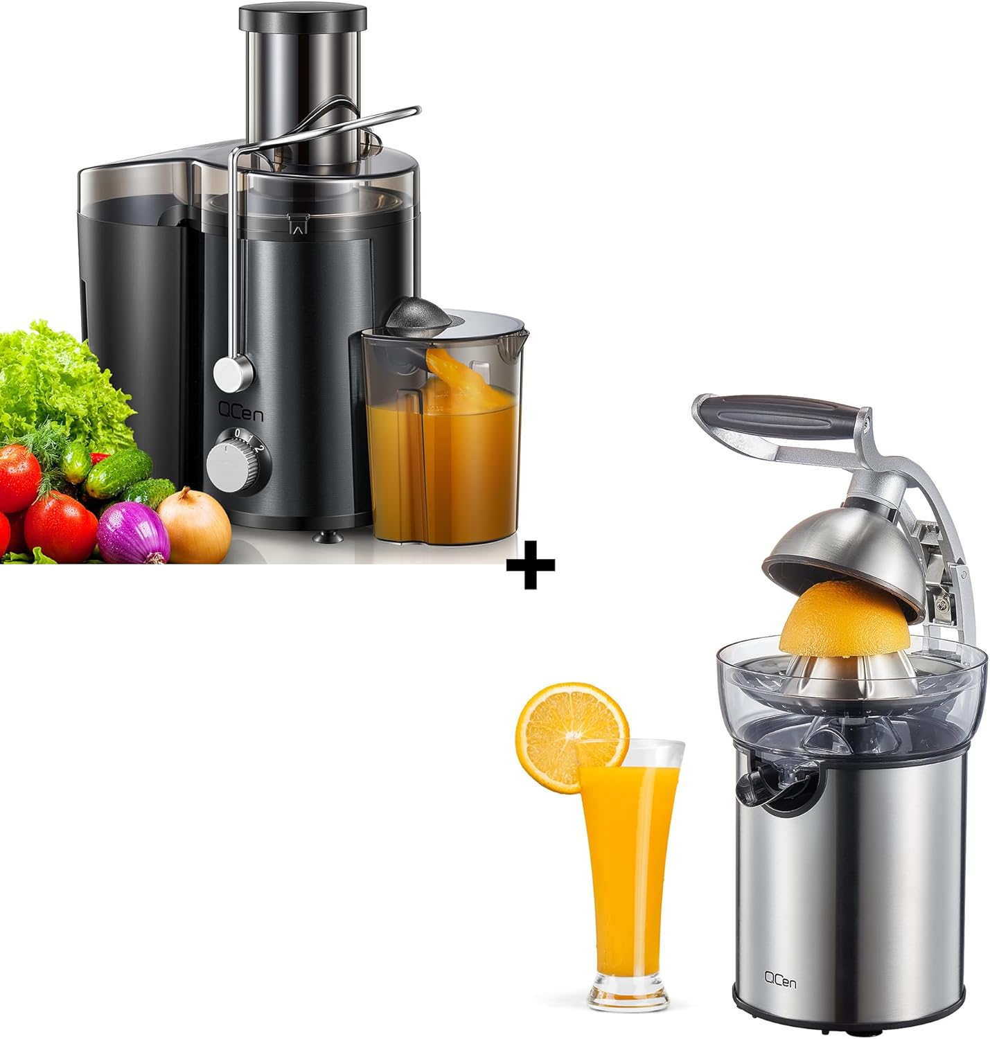 QCen 800W Juicer Machine Metallic Black and Electric Citrus Juicer Squeezer Bundle