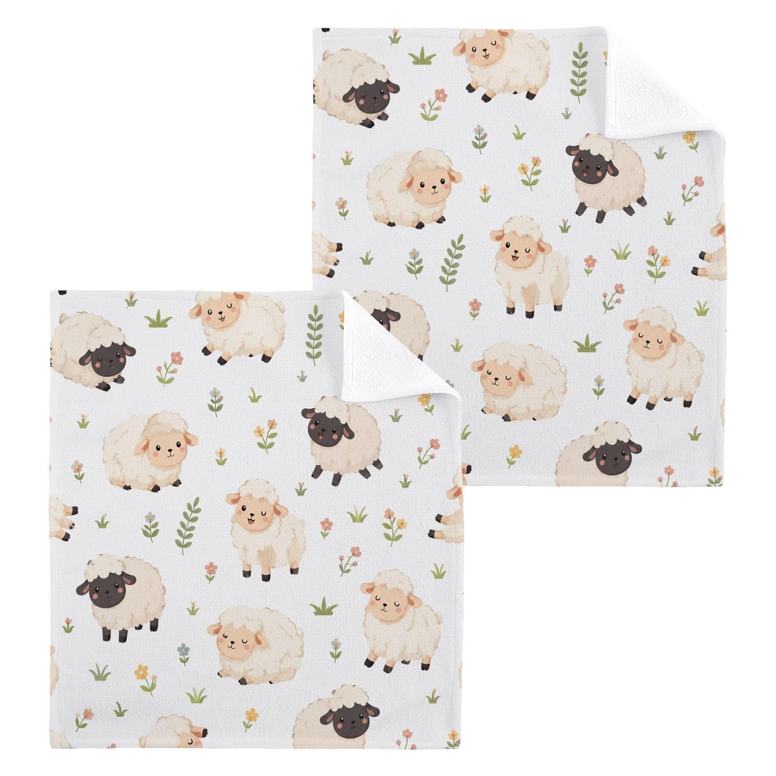BOESI Cute Sheep 12x12in Cotton Washcloth,Soft Absorbent Face Towel