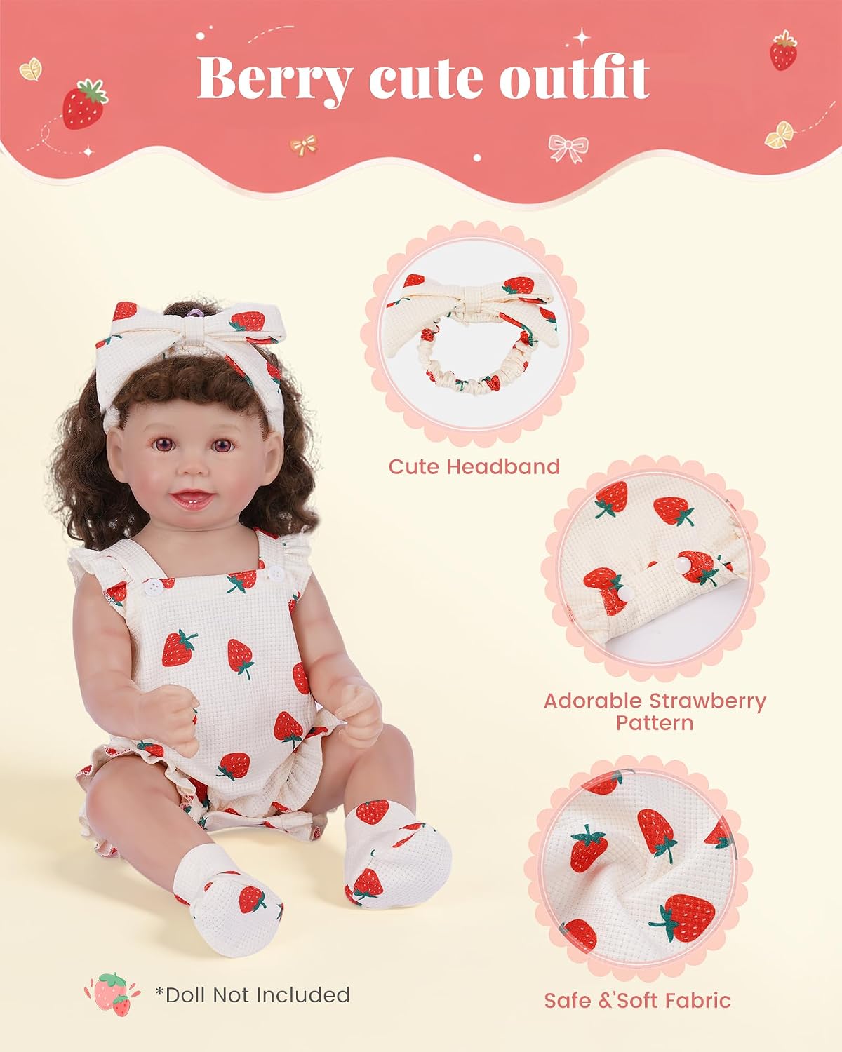BABESIDE 3 Pcs Reborn Baby Doll Clothes Accessories Strawberry Pattern for 18- 20 Inch Baby Doll Clothes Outfits with Romper, Headband & Socks image 4