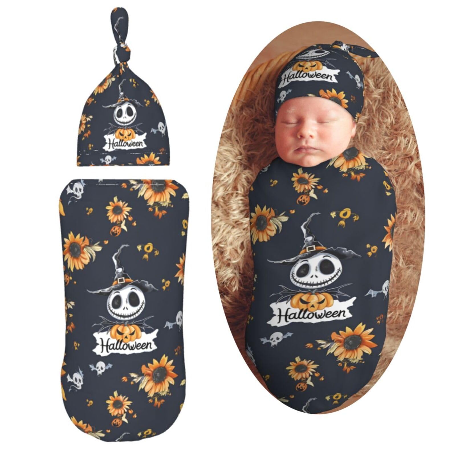 AuHomea Halloween Pattern in Black Skulls Newborn Swaddle Blanket with Beanie Set Soft Baby Sleep Sack Stretch Adjustable Swaddle Wraps Receiving