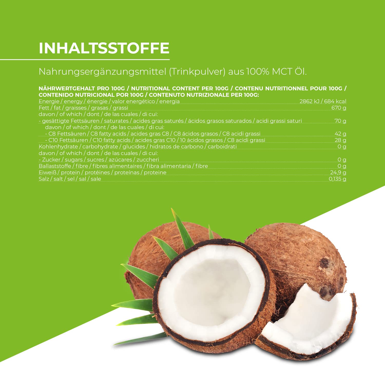 Poudre MCT - 800 g - Qualité supérieure - Parfait pour un régime céto - À base de noix de coco - Neutre au goût - GreatVita