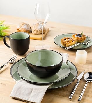 GBhome GDW025LG-EU Stoneware Crockery Set for 4 People 12-Piece Reactive Glaze Handmade Stoneware Crockery Set Microwave & Dishwasher Safe Bowl and Plate Set Quiet Green