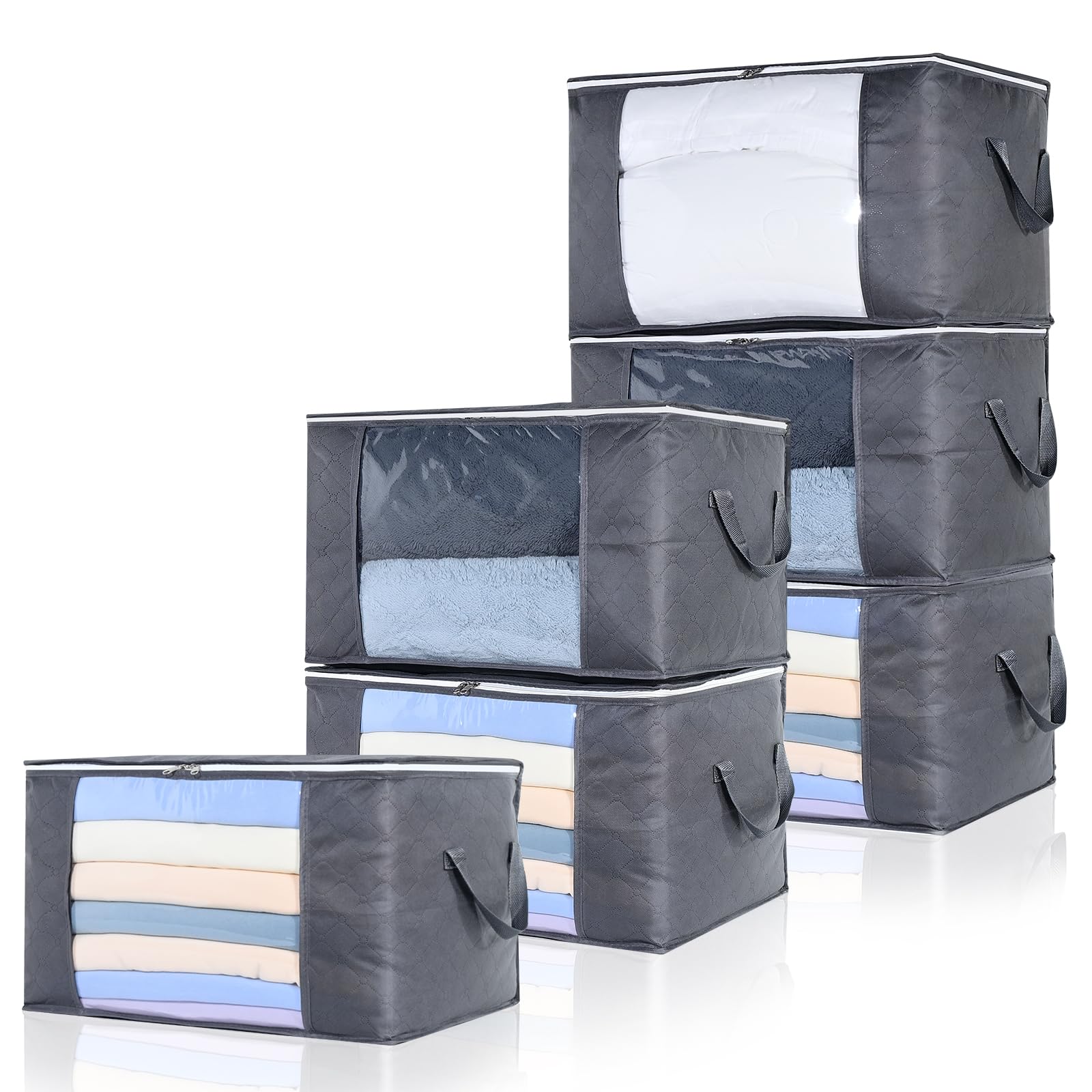 OTraki Storage Box with Lid, Pack of 6 Large Clothes Storage, Moving Boxes, Storage Boxes for Duvets, Blankets, Clothes, Underbed, Wardrobe