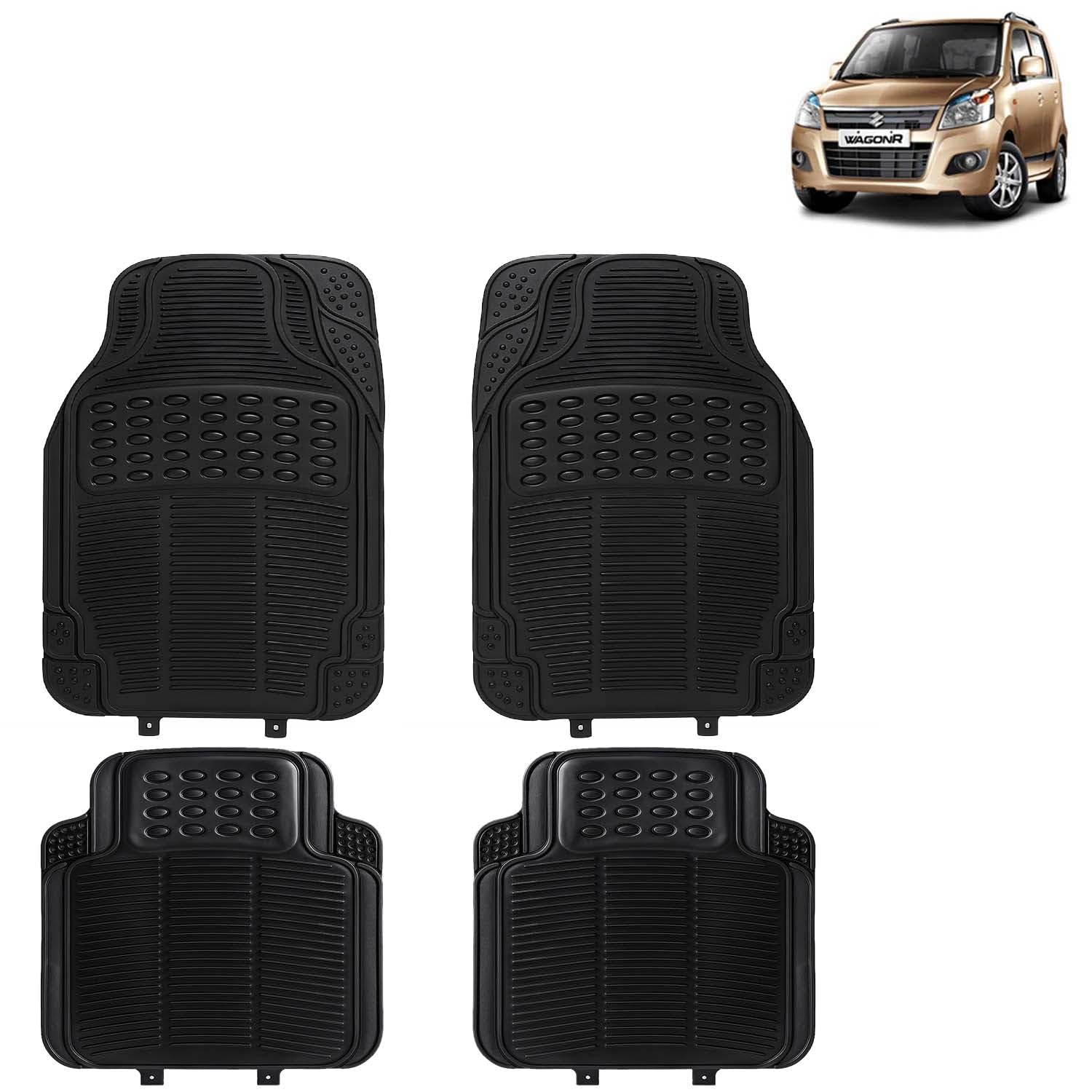 KINGSWAY Accessories Universal Use Anti Skid PVC Car Mat Compatible with Maruti Suzuki Wagon R Year 2010 to 2018, Set of 4 Pcs Anti Slip Car Floor Rubber Mats, All Weather Car Foot Mats, Black