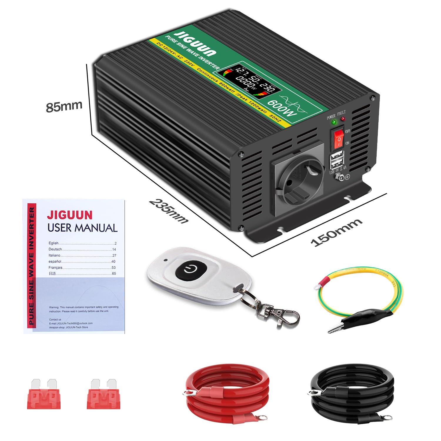 JIGUUN Przetwornica napięcia 600 W, czysta sinusoidalna, 12 V, 230 V, z gniazdem UE i 2 wyjściami USB 2,1 A, bezprzewodowy pilot zdalnego sterowania i wyświetlacz LCD, moc szczytowa 1200 W (600 W12 V)