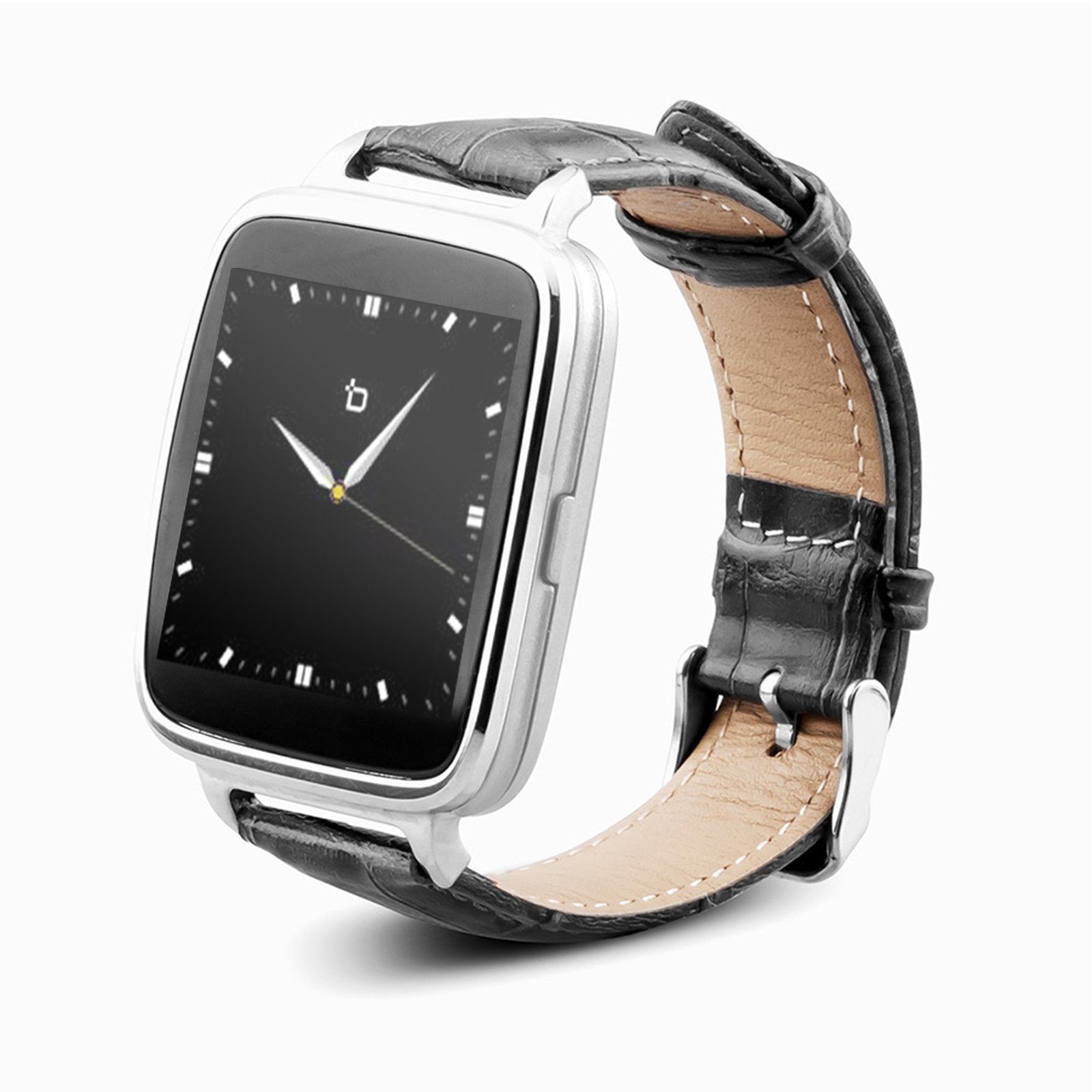 Silver Engage Plus Smartwatch for iOS and Android with 8GB of Music Storage and Leather Strap, Light Silver