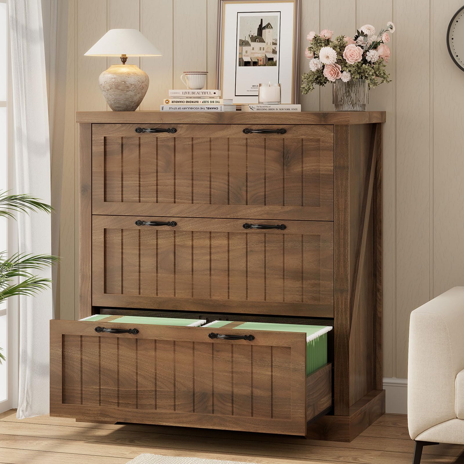 SEDETA Farmhouse 3 Drawer File Cabinet for Home Office,Brown Brown 3 Drawers