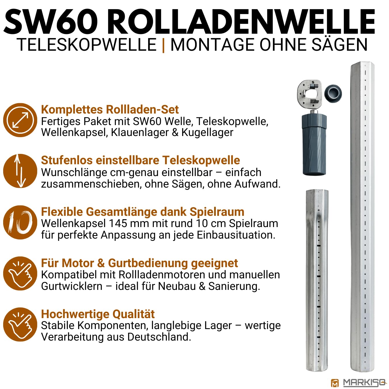 markiso I Rolladenwelle SW 60 Rollladenwelle Stahlwelle mit Teleskopwelle Welle für Rolladen - inkl. Wellenkapsel & Lager Komplett SET 250-280 cm frei einstellbar KEIN ZUSCHNEIDEN NOTWENDIG
