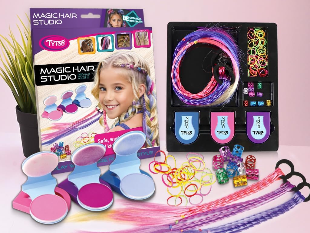 TyToo Magic Hair Studio — набор мела для волос для девочек с разноцветными прядями, блестящими жемчужинами, резинками для волос, заколками — полный набор для укладки волос для