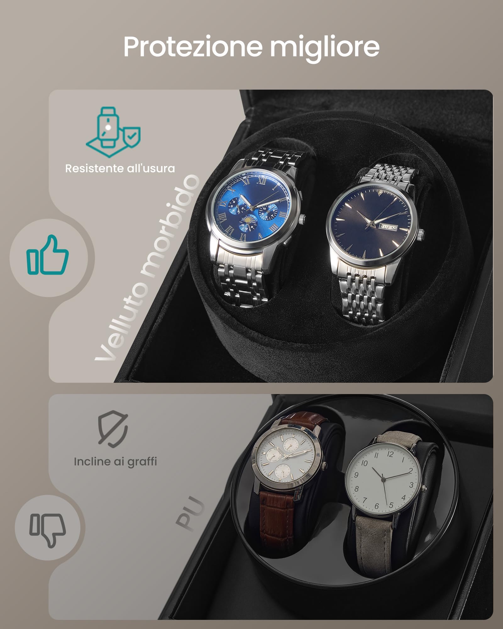 SONGMICS Carica Orologi, Caricatore Automatico Doppio per 1 Orologio con Motore Silenzioso, con LED, Cuscino Regolabile, Chiusura, 4 Impostazioni, con un Cavo di Ricarica USB-C, Nero JWB031B01