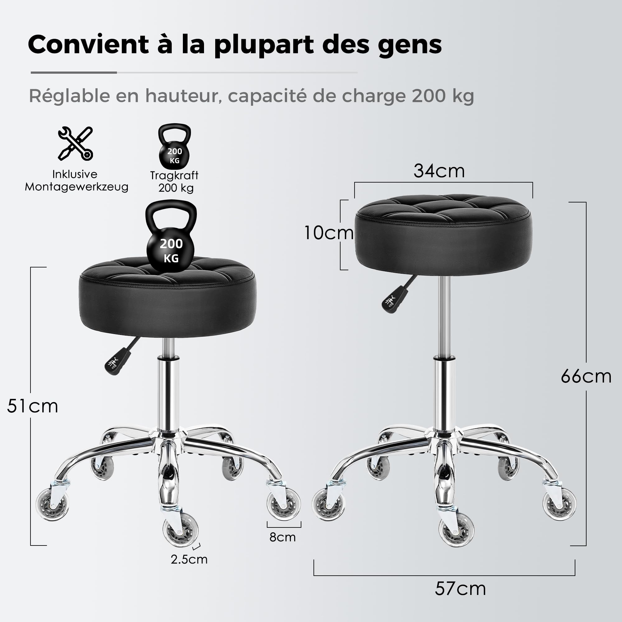 BEWISHOME Tabouret roulettes,Tabouret Bureau Réglable,avec Capacité de Charge jusqu'à 200kg,Rembourrage de Siège en PU,avec roulettes 360° pour Salon,Spa,Massage (Noir) EBYD01B