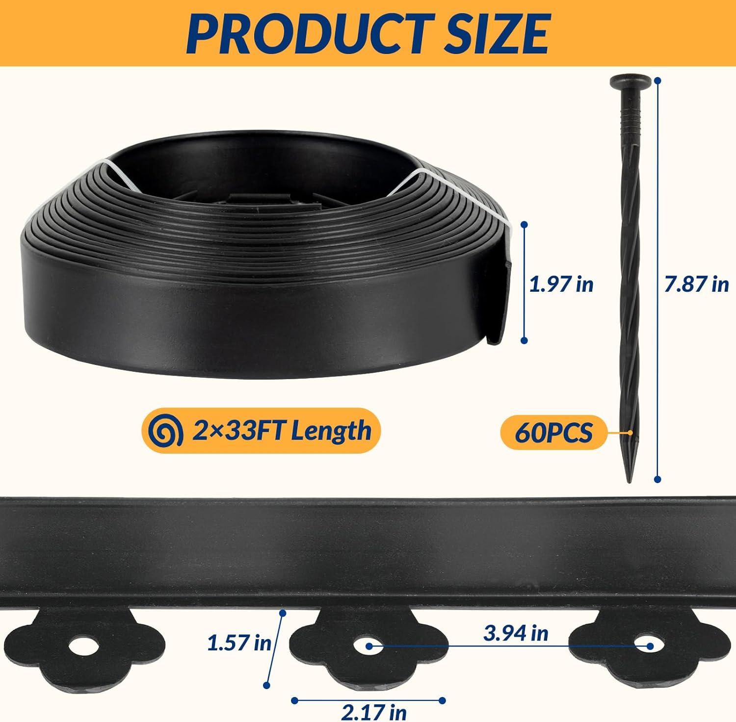 Velway Landscape Edging Kit 66 FT, No Dig Garden Edging Border with 100 Spikes, 2 Inch High Heavy Duty Plastic Lawn Edging for Flower Beds, Walkways & Yard Landscaping, Black