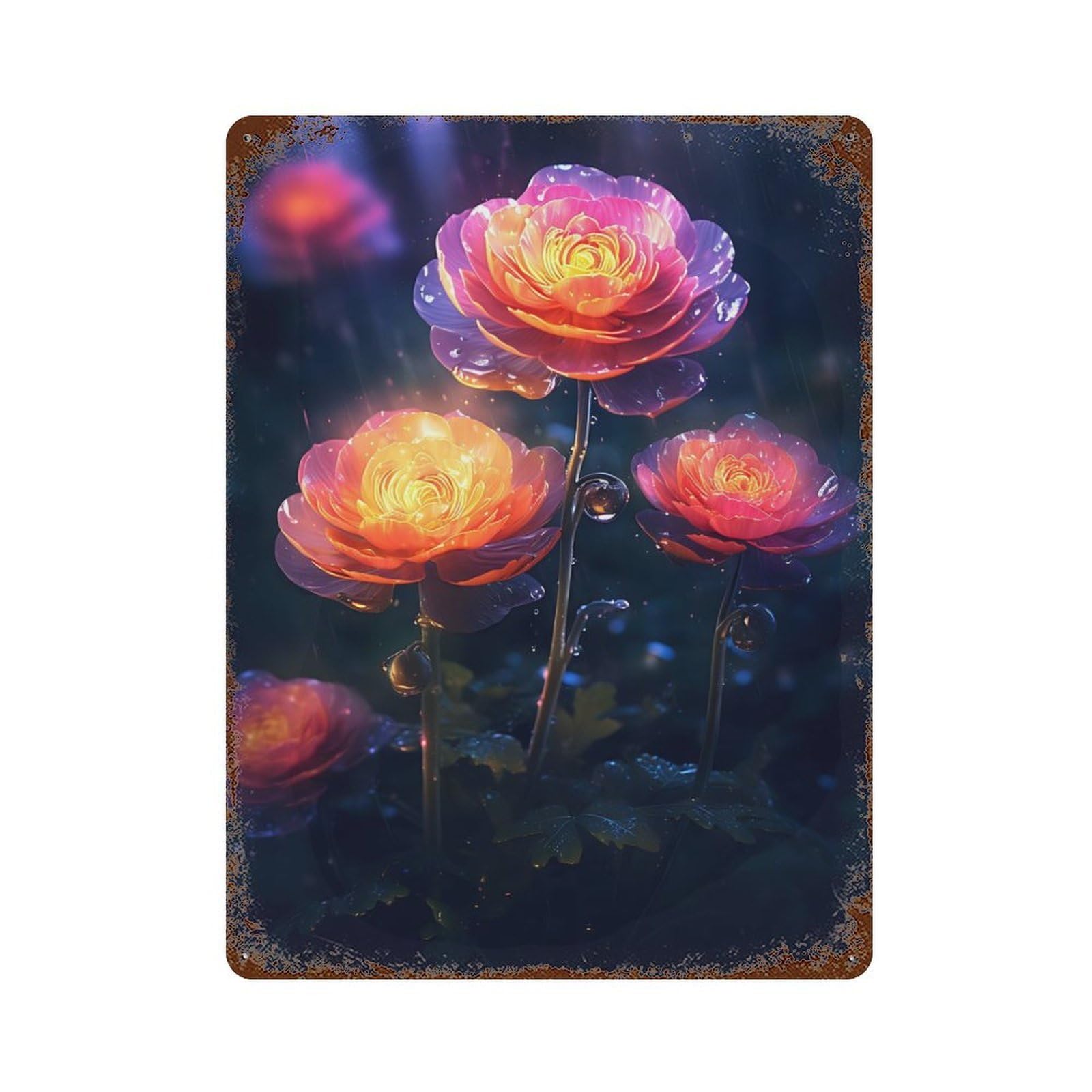 Rainy Ranunculus Flower Vintage Wall Sign 15.7"x11.8", Rust Effect Metal Decor for Cafe, Home Bar And Lounge Decor